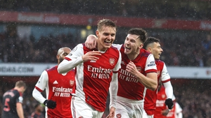 Martin Odegaard (L) celebrates with Kieran Tierney after scoring Arsenal's second goal
