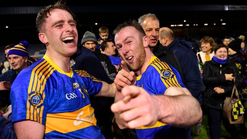 Clough-Ballacolla players Eoin Doyle, right, and Brian Corby celebrate victory