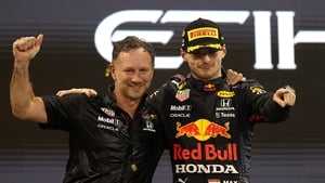 2021 F1 world champion Max Verstappen celebrates with Red Bull Racing Team Principal Christian Horner