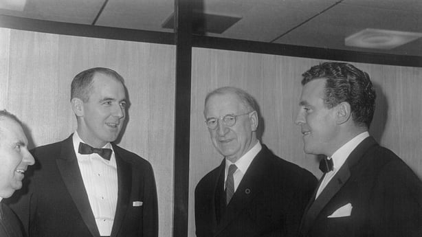 Canon McCarthy, Edward (EJ) Roth, the first Director-General of Telefís Éireann, President Eamon de Valera and broadcaster Eamonn Andrews, then Chairman of Radio Éireann. 2492_011 Lensmen & Associates
