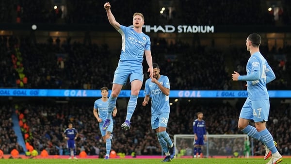 Kevin De Bruyne celebrates scoring his second and Man City's fifth