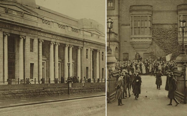 L: Earlsfort Terrace, where the debates are taking place. R: Crowds outside Photo: Illustrated London News [London, England], 23 December 1921