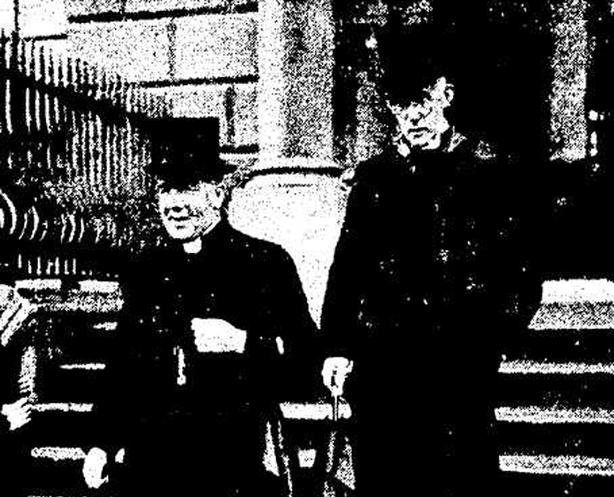Thomas O'Doherty, Bishop of Clonfert (left) and Daniel Cohalan, Bishop of Cork (right), leaving a meeting of Irish bishops in Dublin on 13 December Photo: Cork Examiner, 15 December 1921
