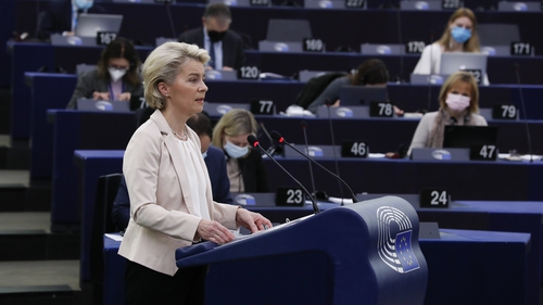Ursula von der Leyen speaking at the European Parliament