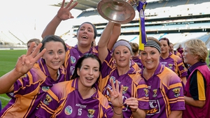 (L-R) Mary Leacy, Ursula Jacob, Una Leacy, Karen Atkinson and Colleen Atkinson celebrate with the O'Duffy Cup in 2012