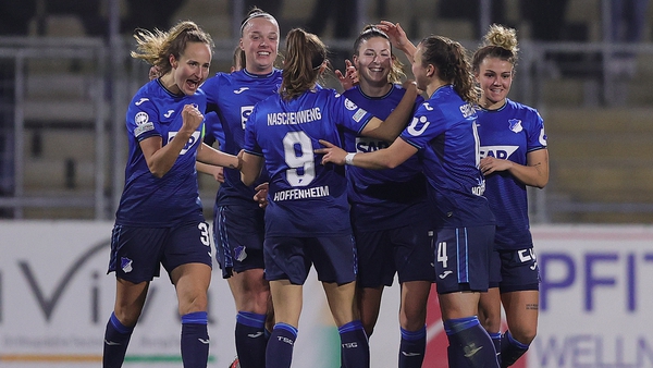Chantal Hagel is congratulated by her Hoffenheim team-mates after completing a brace