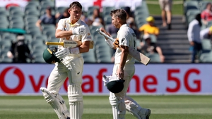 Australia's David Warner and Marnus Labuschagne at end of first break during the second Test match