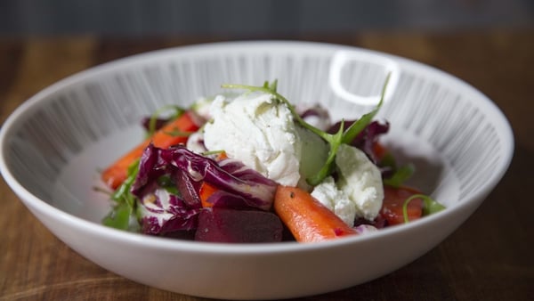 Mark Murphy's warm salad of goat's cheese, roast carrot and beetroot and an orange dressing.