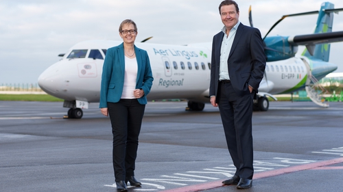 Lynne Embleton, Aer Lingus CEO, and Conor McCarthy from Emerald Airlines at last year's announcement that Emerald is to run Aer Lingus Regional services