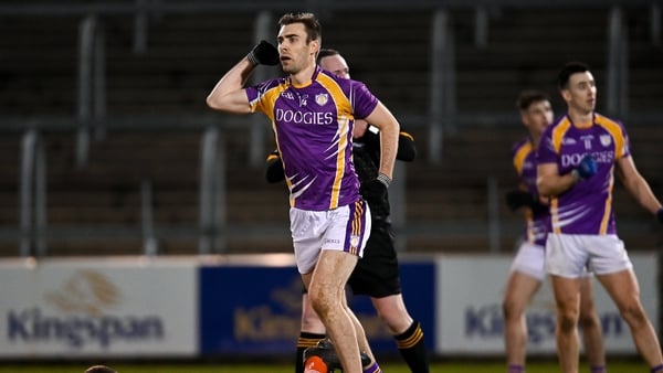 Conall Jones of Derrygonnelly Harps celebrates after kicking a late point