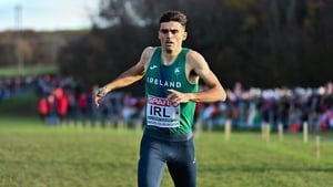 Andrew Coscoran crosses the line in fourth place in the mixed relay final during the SPAR European Cross Country Championships Fingal-Dublin