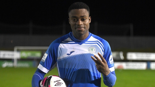 Tunde Owolabi with the match ball after his hat-trick for Finn Harps against new club St Pat's back in August