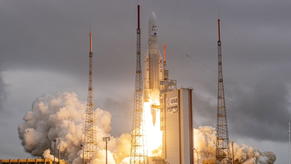 The Ariane 5 rocket, with the telescope onboard, on the launch pad in French Guiana