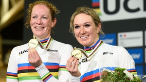 Amy Pieters (R) and Madison partner Kirsten Wild after they won gold at the UCI Track Cycling World Championships in October.