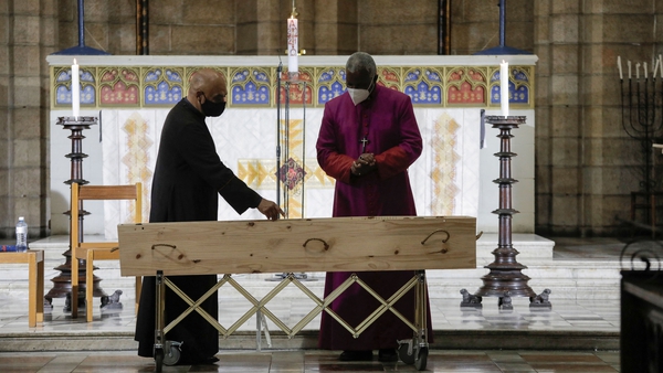 The coffin of Archbishop Desmond Tutu lying in state at St George's Cathedral in Cape Town today