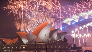 Fireworks by Sydney Opera House, Australia, during New Year celebrations