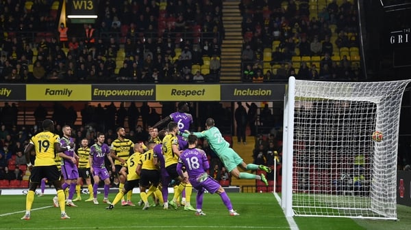 Spurs defender Davison Sanchez heads home for the only goal of the game at Vicarage Road in the 93rd minute