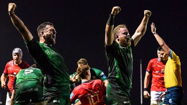 Conor Oliver and Finlay Bealham celebrate at the Sportsground