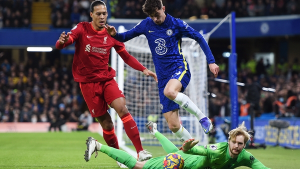 Kai Havertz battles for possession with Virgil van Dijk and Caoimhin Kelleher