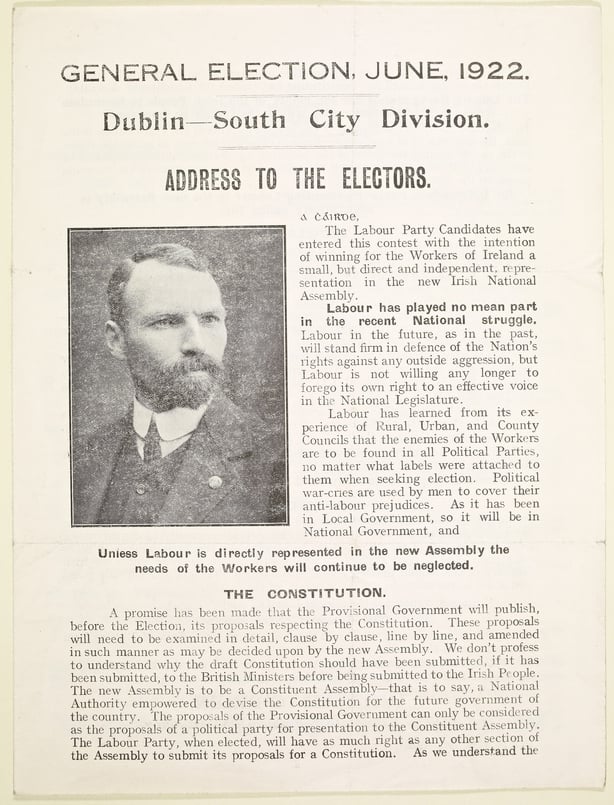 Leaflet addressed to the electors to support Labour Party candidate William O' Brien, General Elections, June 1922, Dublin South City Division 