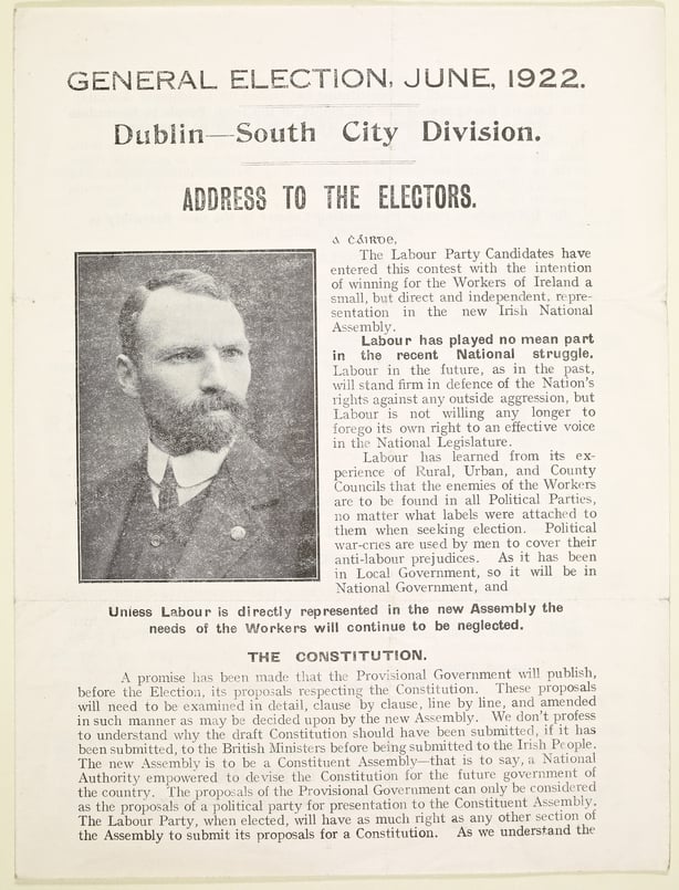Leaflet addressed to the electors to support Labour Party candidate William O' Brien, General Elections, June 1922, Dublin South City Division