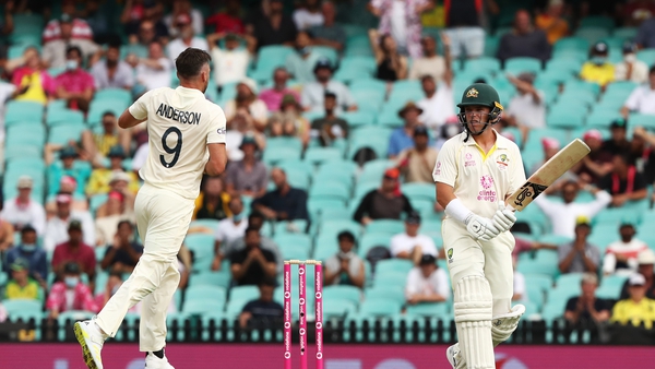 James Anderson celebrates the wicket of Australia's Marcus Harris