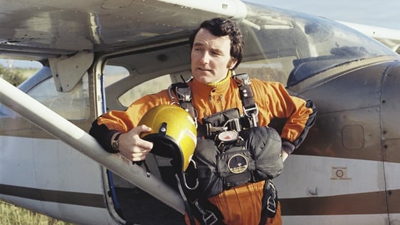 Mike Murphy parachute jump on 'The Likes of Mike' filmed in 1976 and broadcast in 1977. Photo by Ronan Lee.