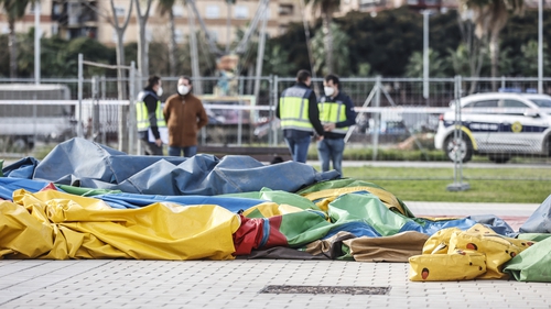 Police at the scene where children were injured and one died later in hospital in Mislata, Valencia, Spain