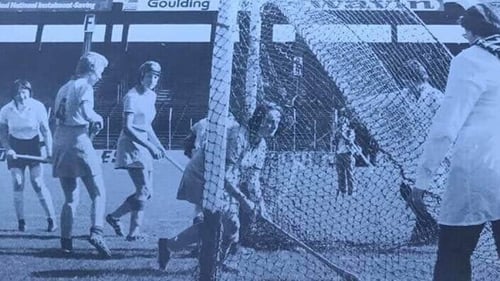 Pauline McCarthy scoring a goal for Limerick against Wexford in the 1977 All-Ireland junior camogie final at Croke Park.