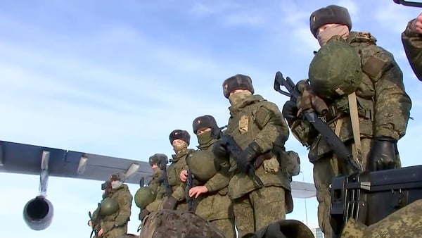 Russian airborne troops soldiers depart to join a peacekeeping force in Kazakhstan