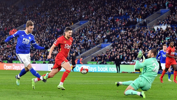James Maddison dinks it home to make it 2-0 to Leicester City.