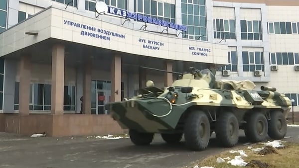 An armoured personnel carrier of Russian CSTO peacekeepers at the Almaty International Airport in Kazakhstan