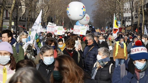 French teachers attend a demonstration as part of a nationwide day of strike and protests