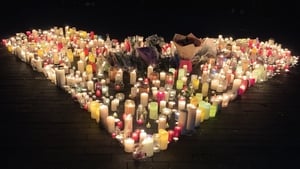 Candles create the shape of a heart at the vigil for Ashling Murphy in Tullamore, Co Offaly