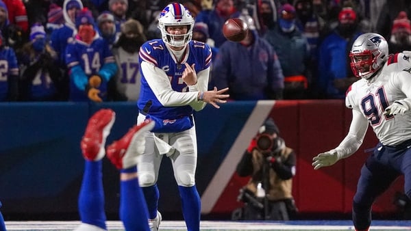 Buffalo Bills quarterback Josh Allen completed 21 of 25 passes for 308 yards and five touchdowns