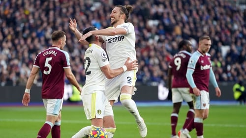 Leeds United's Jack Harrison celebrates scoring their side's second goal of the game with team-mate Luke Ayling (right)