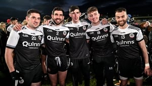 Kilcoo players, from left, Daryl Branagan, Niall Branagan, Eugene Branagan, Tiernan Fettes and Conor Laverty after their provincial success
