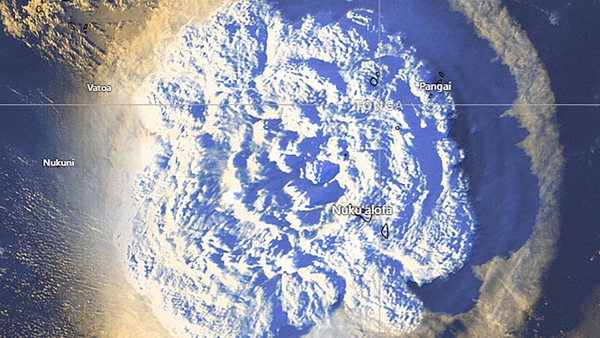 Handout satellite image made available by the Tonga Meteorological Services shows the explosive eruption of the Hunga Tonga-Hunga Ha'apai volcano