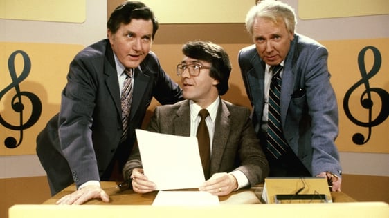 Frank Hall, Brendan Balfe and Hugh Leonard on the set of the musical quiz show 'Off the Beat' in 1980.