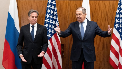 Antony Blinken (L) and Sergei Lavrov (R) met in Geneva today as fears grow that Russia could invade its pro-Western neighbour