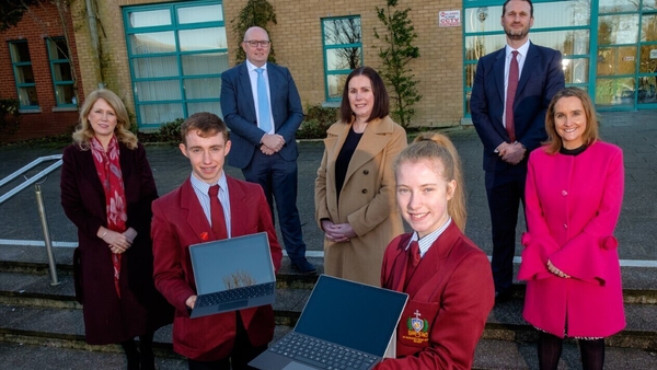 St Patrick's High School students Niamh Carvill & Patrick Nugent with principal Dr F Moore, Damian Harvey, Workstream Lead for EdIS; Sara Long, EA CEO; Costi Karayannis, Managing Director Capita Education & Learning and Microsoft Ireland's Anne Sheehan