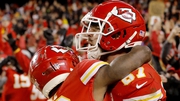 Travis Kelce, right, of the Kansas City Chiefs celebrates with Tyreek Hill after catching the game winning touchdown
