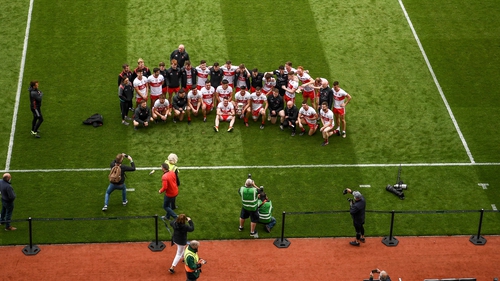 Derry players celebrate winning the Division 3 league title last year