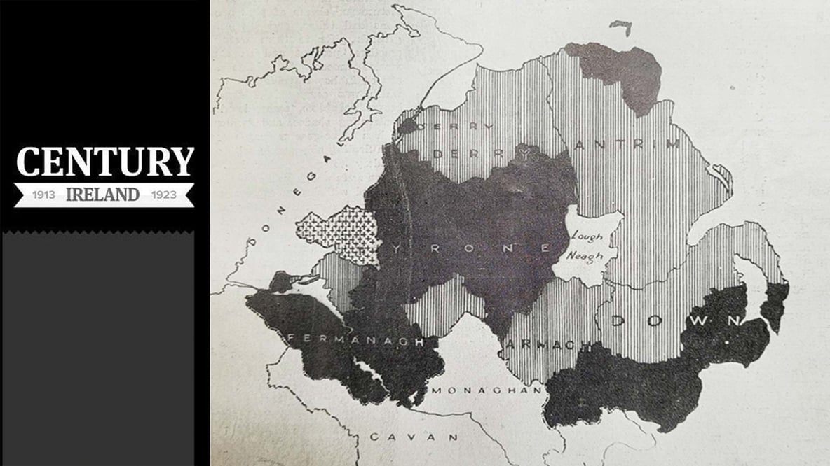 Century Ireland Issue 223 - Map of the six counties showing each region's attitude towards partition. The areas shaded black are opposed to partition. The areas with straight vertical lines are in favour of partition. The areas with crosses are split.