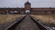 The main entrance and train track at the former Auschwitz Birkenau site