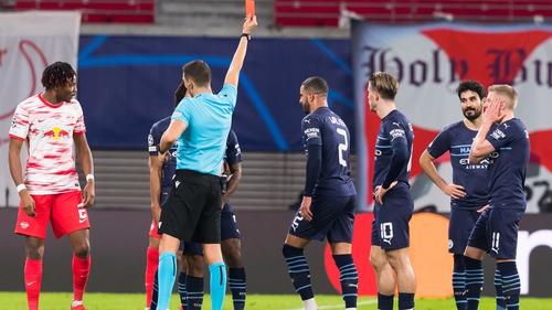 Kyle Walker was sent off for a kick on Leipzig's Andre Silva