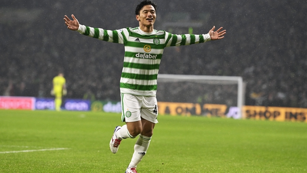 Reo Hatate celebrates the early goal at Celtic Park
