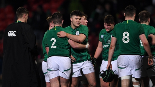 Ben Brownlee celebrates with James McCormick (2) after Ireland's 53-5 win