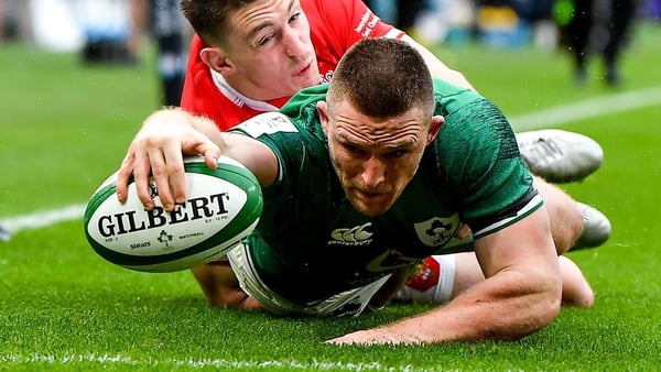 Andrew Conway stretches over for Ireland's second try against Wales