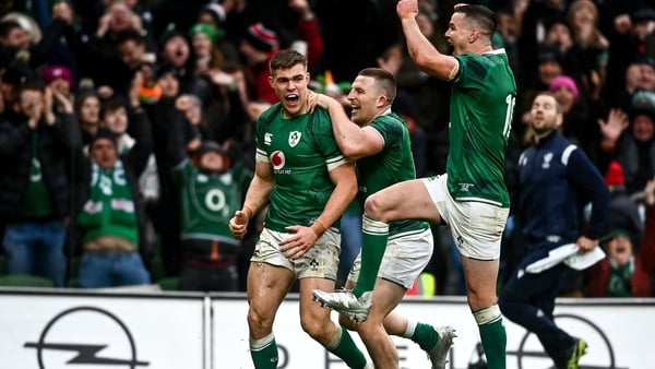Garry Ringrose celebrates Ireland's bonus point try